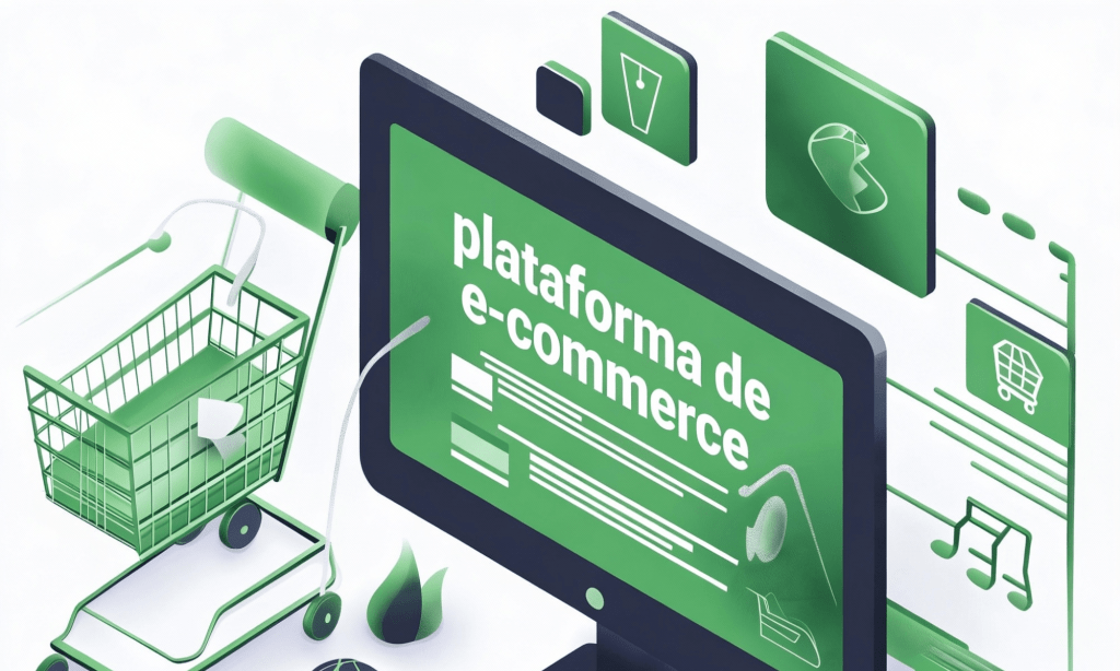 Teela de computador com a tela verde escrito plataforma de e-commerce com um carrinho de mercado ao lado e ícones relacionados a e-commerce ao lado