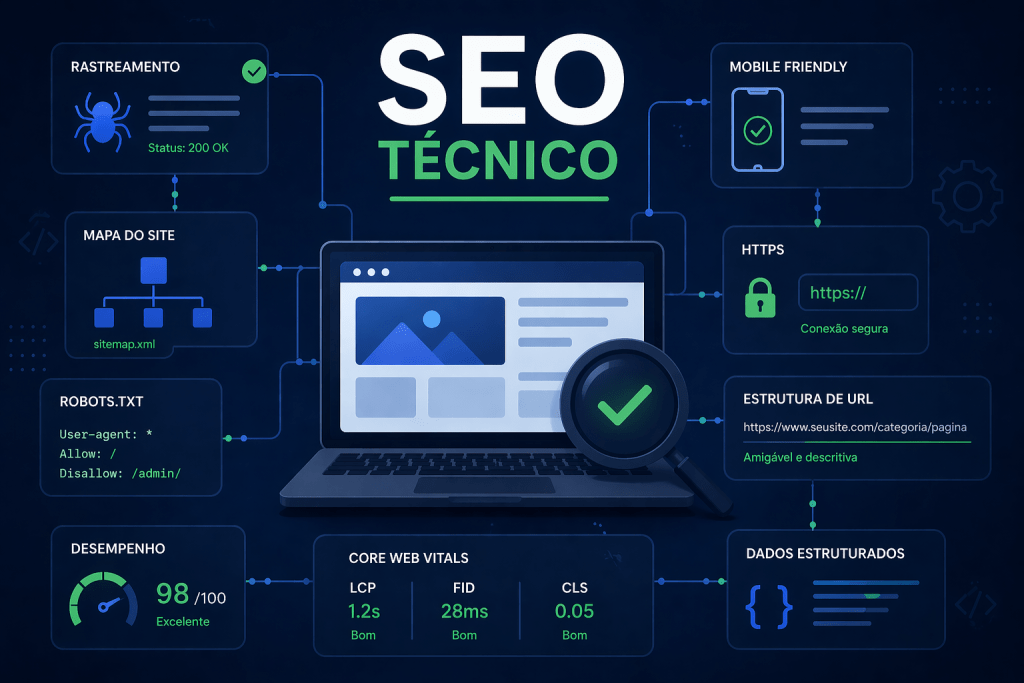 Ilustração de SEO técnico com laptop central e elementos como rastreamento, sitemap, robots.txt, HTTPS, Core Web Vitals, dados estruturados e estrutura de UR.