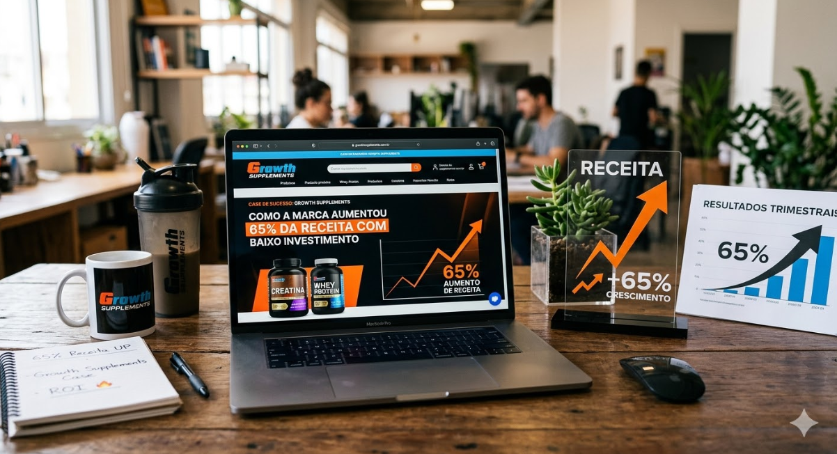Laptop exibindo case de sucesso da Growth Supplements com crescimento de 65% da receita, ao lado de placa com gráfico de crescimento e caneca da marca — estratégias de crescimento ecommerce com baixo investimento